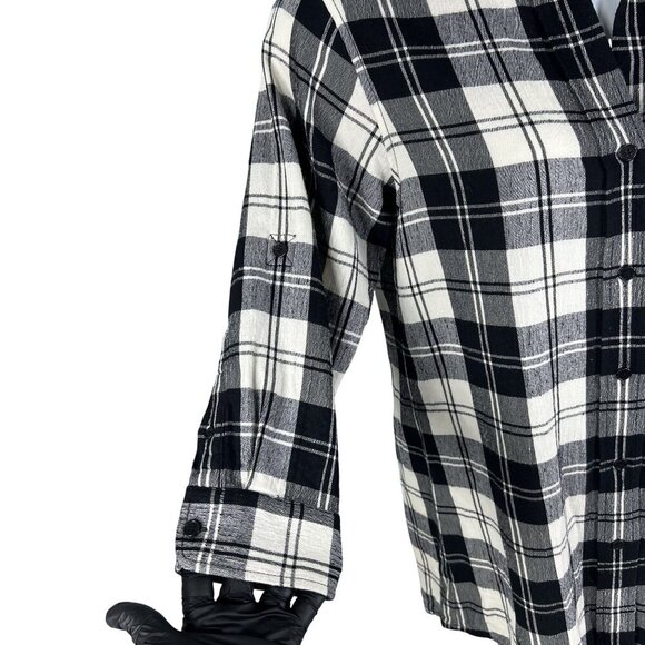 Theory Women 10 Black White Tartan Plaid Button Up Tunic Shirt Virgin Wool Blend - Picture 2 of 15
